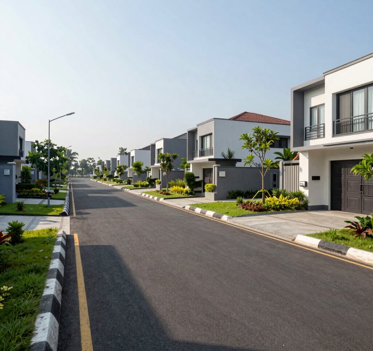 A photography of the strategic Sooko area in Mojokerto, showing a clean, paved road leading to the housing complex. The scene features Southeast Asian / Indonesian residential architecture with modern minimalist style, surrounded by green manicured lawns and trees under a clear, bright morning sun.