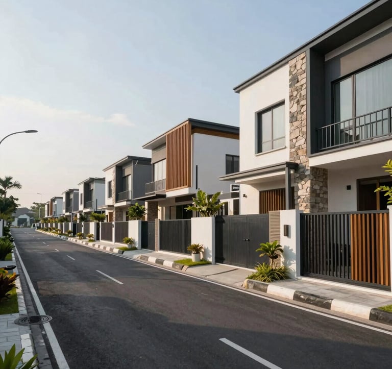 Professional architectural photography of a modern residential street in Mojokerto. Clean asphalt, underground cabling, and elegant house facades with stone and wood elements. The lighting is bright afternoon sun, emphasizing the investment quality and solidity of the development. Southeast Asian / Indonesian.