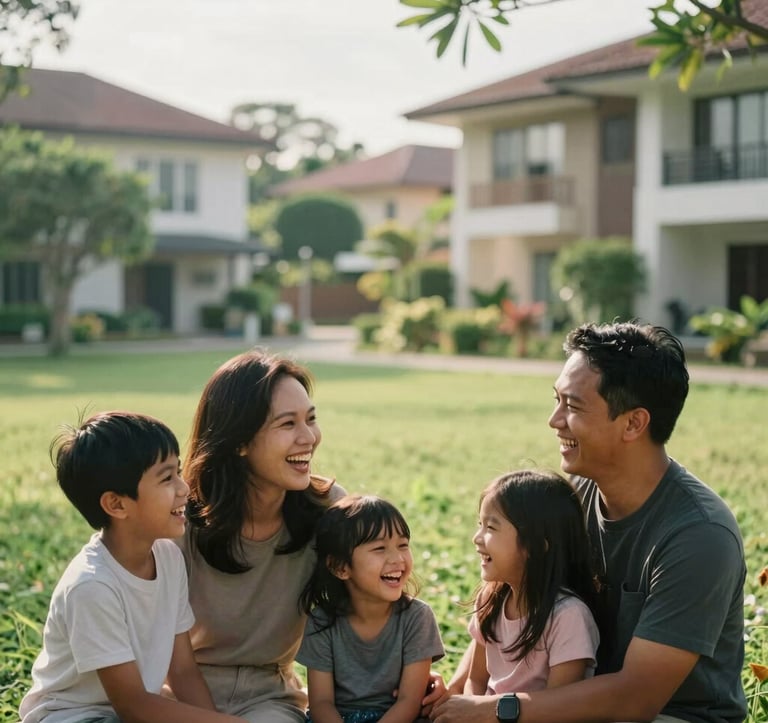 Candid photography of a happy Southeast Asian / Indonesian family laughing together in a lush, sunny green park area of a residential complex. Warm sunlight, soft bokeh background of modern houses, emphasizing comfort and family warmth.