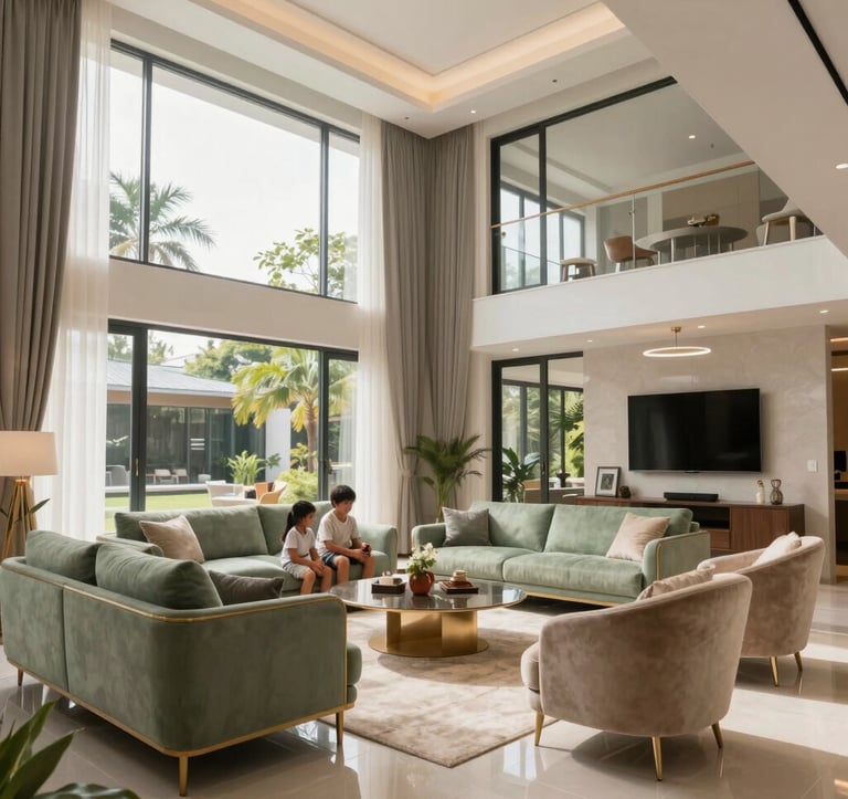 Interior shot of a modern living room in an Indonesian home, showcasing high ceilings, large windows letting in natural light, and elegant minimalist furniture in sage green and champagne tones. The space looks airy, warm, and inviting for a family gathering.