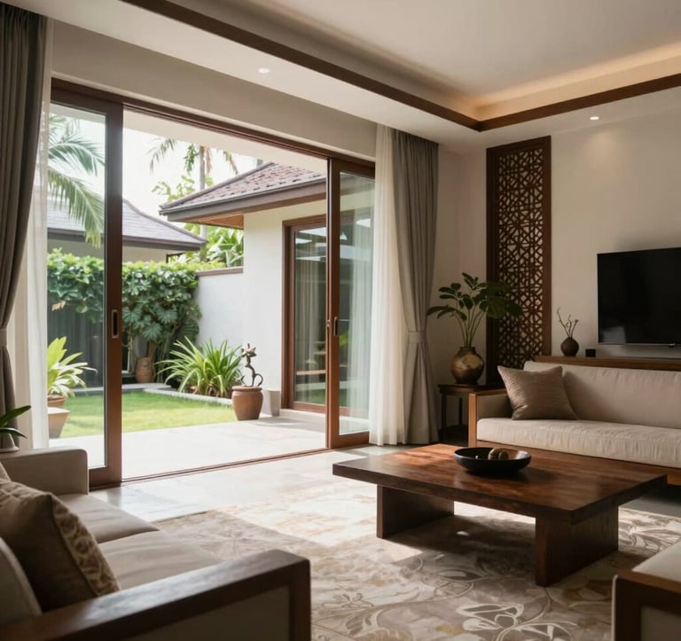 A daylight photograph showcasing the interior of a modern living room in the residence. Open-plan design with large sliding glass doors leading to a green courtyard, allowing natural light to flood the space. The decor is elegant and minimalist. Southeast Asian / Indonesian style.