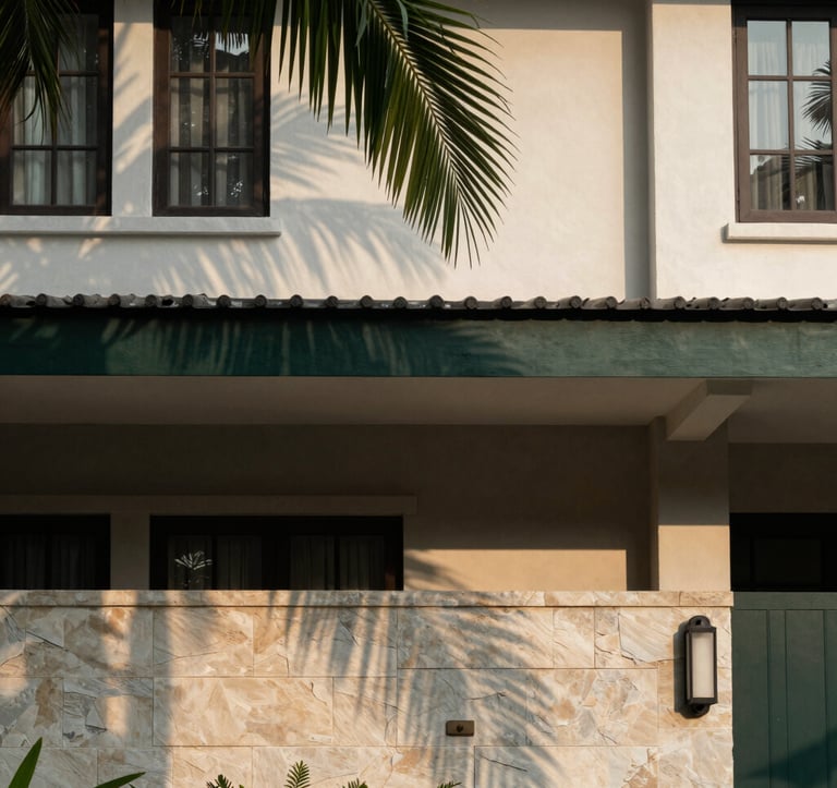 Close-up architectural photography of a modern residential facade in Sooko, East Java. Use of natural stone and dark green accents. Soft morning lighting with shadows of palm leaves, creating a calm and elegant atmosphere. Southeast Asian / Indonesian residential setting.