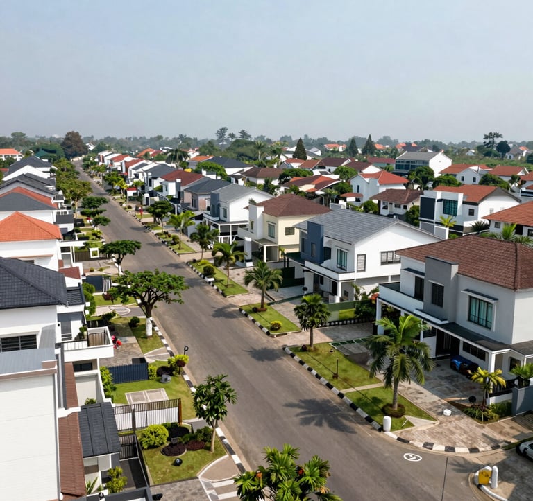 Landscape photography of a modern residential neighborhood in Mojokerto, Indonesia. The focus is on a wide, clean street with green trees and small parks interspersed between contemporary houses. Bright, clear daylight with soft shadows, conveying a sense of organized and peaceful living.