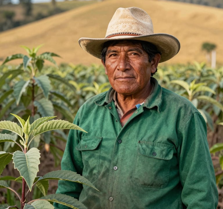 A high-quality portrait of a local campesino in South America / Colombia, wearing a traditional hat and a green work shirt, standing proudly in a reforested field. The lighting is warm, highlighting the sage green leaves and golden sand soil in the background.