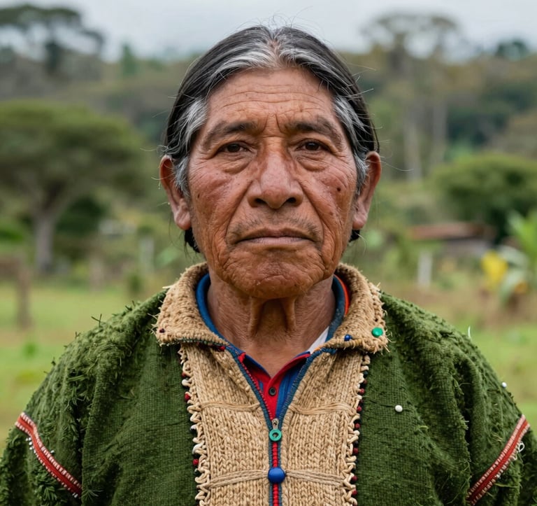 A close-up portrait of a member of the Pueblo Barí in Colombia, reflecting wisdom and resilience. They are wearing traditional attire with moss green and earthy tan fibers. Behind them, the soft-focus background shows the diverse greenery of their ancestral forest home. Natural, professional lighting.