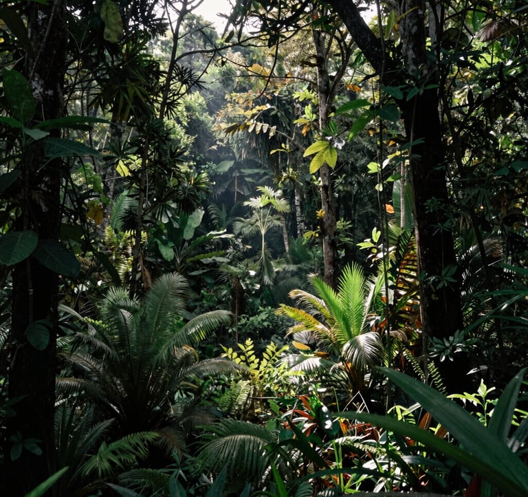 A wide-angle landscape shot of a protected forest area in Catatumbo, Colombia. Sunlight pierces through the dark forest green trees, illuminating the diverse flora. The composition is forward-thinking and trustworthy, capturing the essence of climate justice. Professional photography.