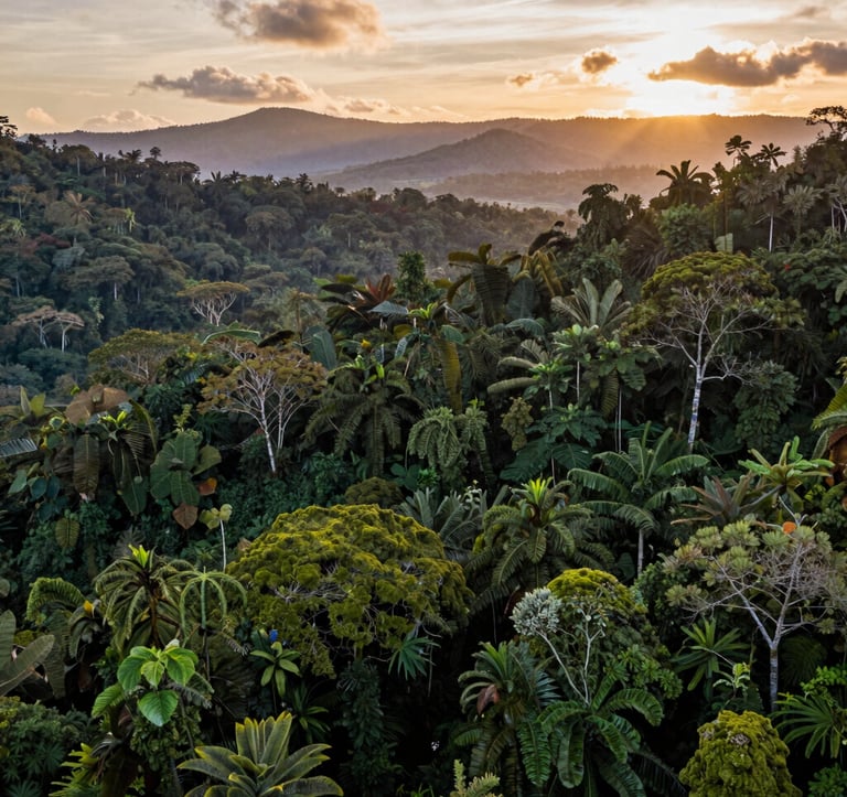 A professional wide shot showing a vast expanse of restored jungle in the South American / Colombian region. Different shades of dark forest green and moss green define the healthy forest. In the distance, the sun sets over the earthy tan mountains, creating a hopeful and professional atmosphere.
