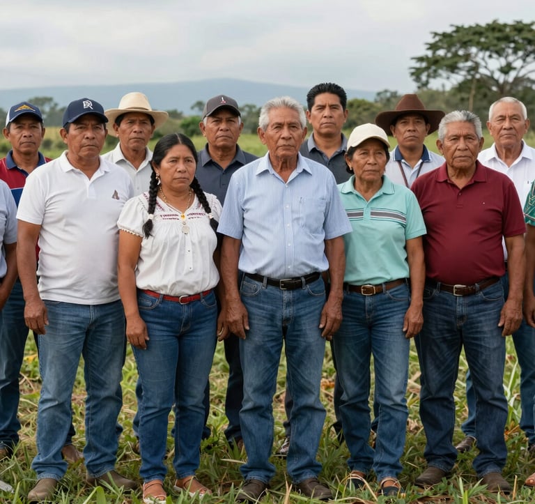 A respectful portrait of a group of community leaders, including people from the Barí community and local farmers, standing together in a South American / Colombian rural field. They look forward with determination and pride. Soft natural lighting.