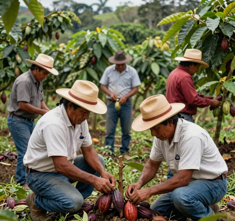 A group of campesinos working in a sustainable cacao plantation, showing professional agricultural practices. They are wearing hats and traditional working attire in a lush green environment. South American / Colombian countryside.