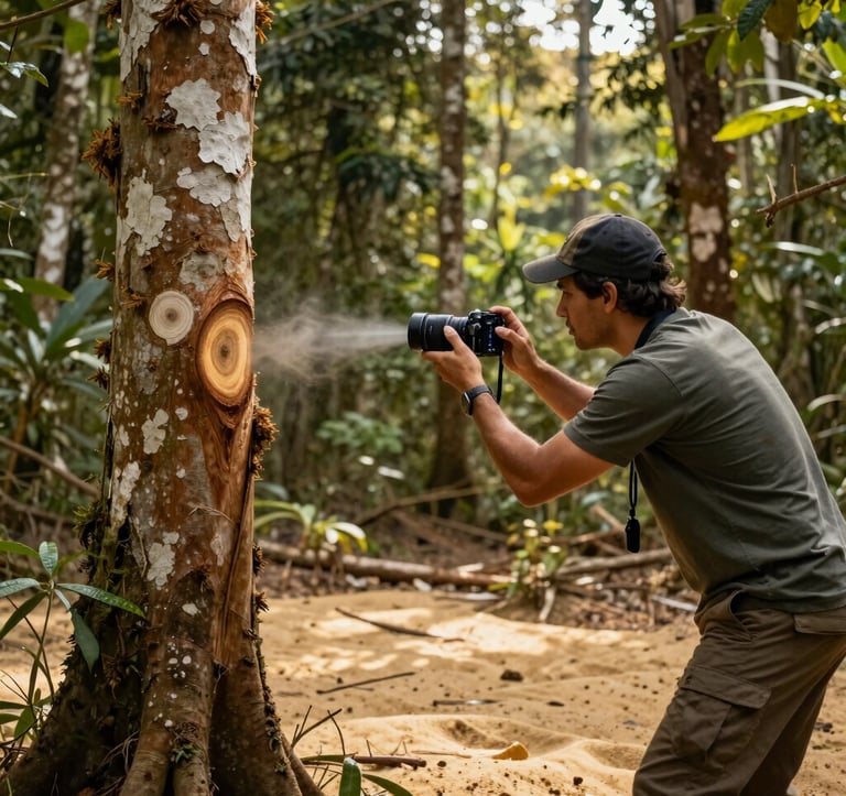 An environmental professional in a South American / Colombian forest setting using a mobile device to record tree growth. The scene captures the blend of technology and nature, with golden sand sunlight filtering through the canopy.