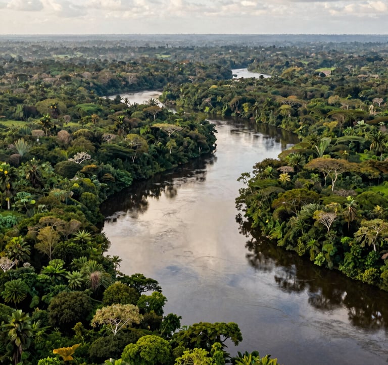 An aerial photograph of a winding river cutting through a vibrant, dense green jungle. The water reflects the soft off-white sky, highlighting the vastness of the conservation area. South American / Colombian landscape.