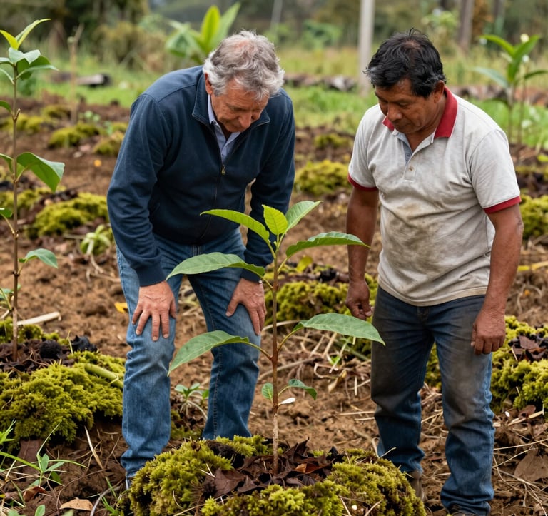 Photography of a South American / Colombian conservation expert and a local farmer standing together in a reforestation plot. They are looking at a young tree sapling. The scene is filled with vibrant moss green leaves and rich earthy tan soil. High-quality, impactful documentary style.