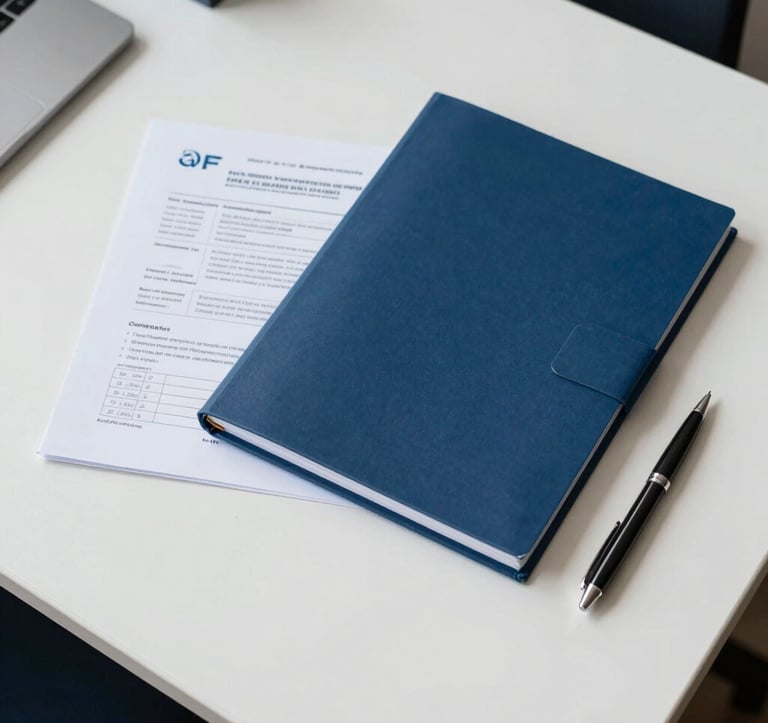 An overhead flat-lay photograph of professional financial report booklets and document folders bound elegantly, resting on a white desk in an executive office in France. A premium pen rests nearby. Bright, natural workspace lighting, clean composition with soft blue shadows.