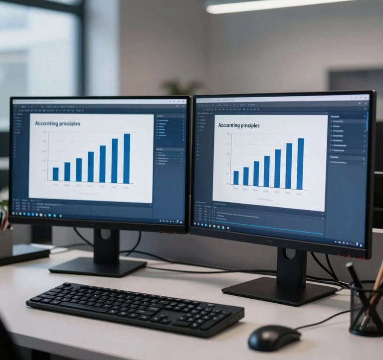 A crisp, professional setup of a dual-monitor editing desk inside a modern Parisian agency. The screens display a video tutorial about accounting principles with clean, high-contrast bar charts. The mood is highly studious and advanced, styled in rich navy blue tones.