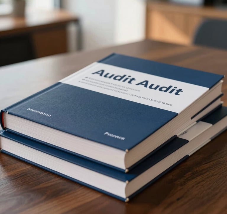 A high-quality close-up photograph of premium printed audit methodology guides and notebooks stacked neatly on a dark wooden office desk in France. The background is a soft-focus bright modern office with warm light filtering through, highlighting the rich navy blue and clean off-white covers.