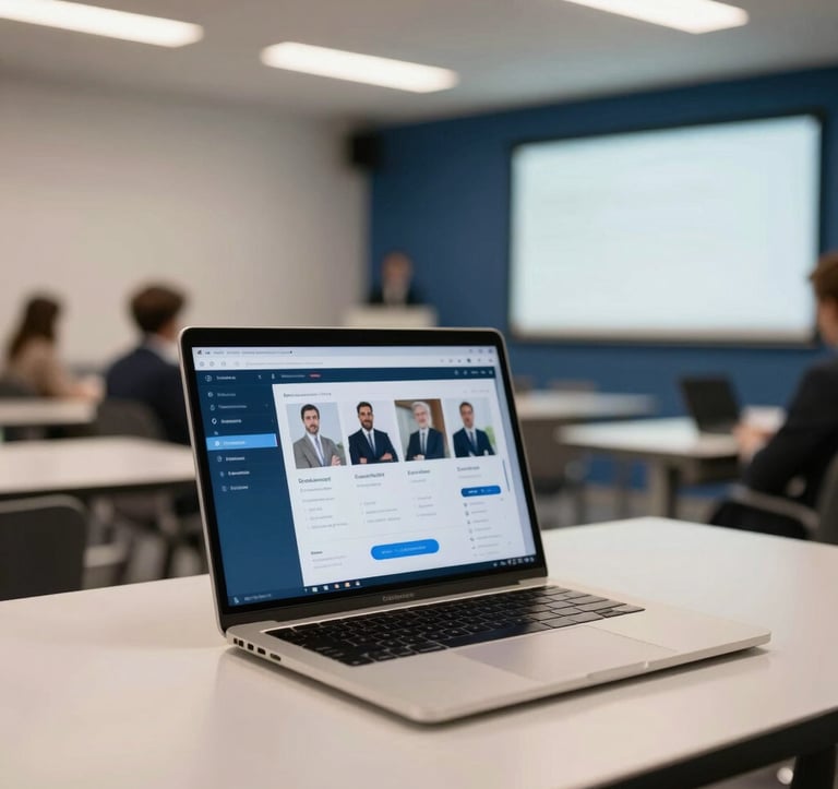 A professional training space or contemporary lecture room in France. A sleek laptop sits open on a desk showing an interactive corporate training platform dashboard. Soft, warm overhead lighting, modern and premium educational environment with off-white and deep blue tones.
