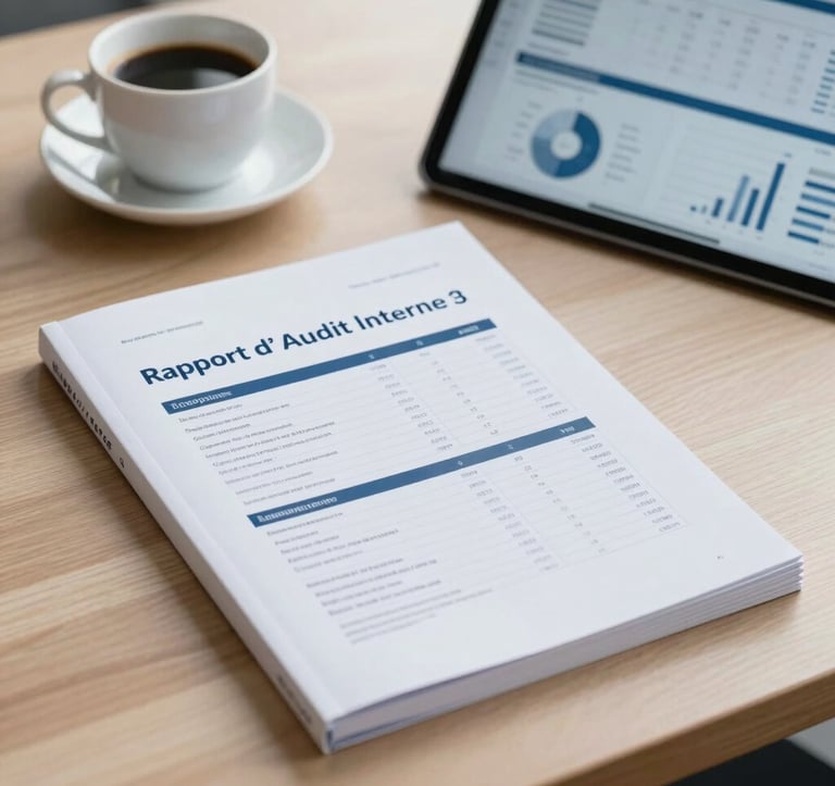 A close-up photograph of a sleek, printed PDF manual titled 'Rapport d'Audit Interne' resting on a minimalist wooden desk in a bright office in France. Next to it, an elegant coffee cup and a digital tablet showing financial analysis graphs in soft light-blue tones.