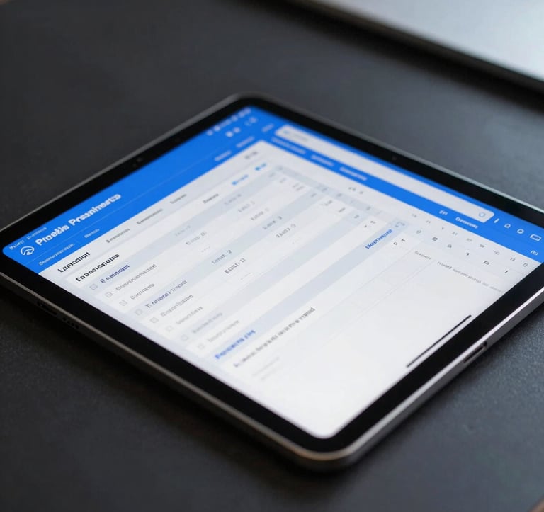 An elegant, close-up photograph of a sleek tablet resting on a clean dark desk, displaying premium corporate audit dashboards and audit checklist software. The scene is illuminated by soft, bright blue screens, highlighting professional precision.
