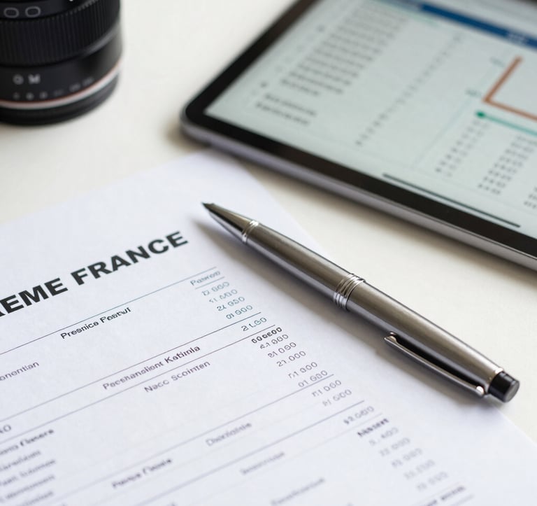 A close-up photograph of printed premium financial report documents, a sleek high-end rollerball pen, and a high-resolution tablet displaying financial audit flowcharts on a bright desk. Elegant soft-focus corporate setup in France.