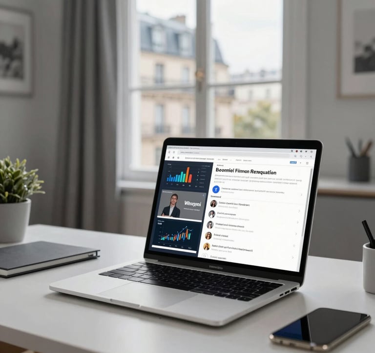 A modern lifestyle photo of a workspace with a laptop open on an educational dashboard, displaying interactive financial courses. Beautiful natural light coming from a window in a Parisian building, with clean lines and soft grey accents.