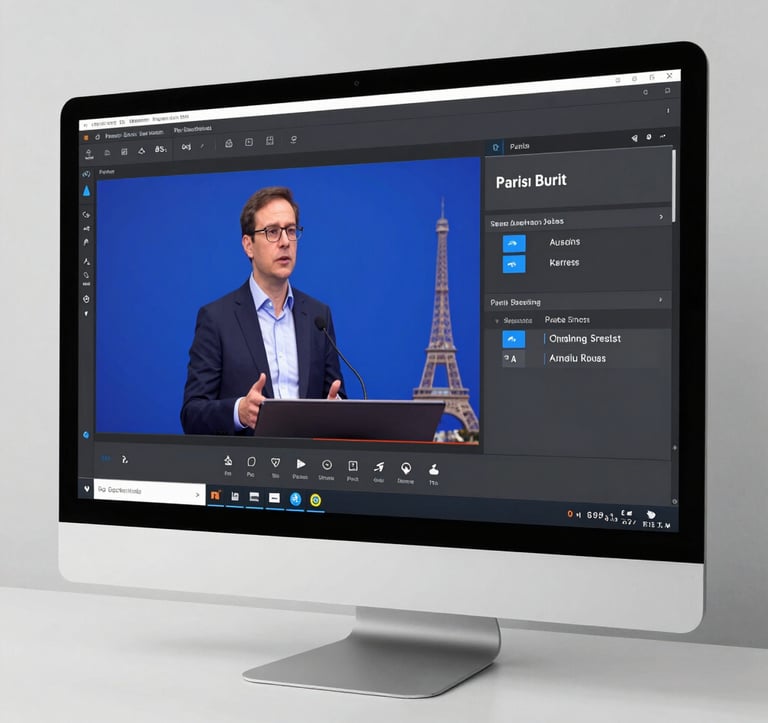 A clean, modern photographic shot of an ultra-wide desktop monitor showing an educational video player in Paris, France. The screen displays an expert conducting a training session with professional financial slides in deep blue and vibrant blue tones.