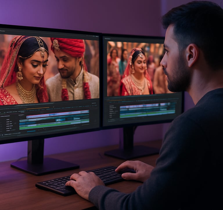 A professional video editor working at a high-end desk with two monitors, showing cinematic timelines of a South Asian / Indian wedding. The room is softly lit with muted purple and blue tones, suggesting focus and artistic dedication.