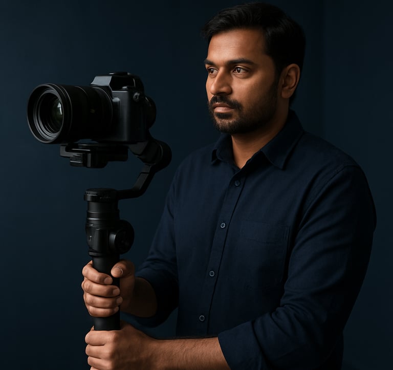 A professional photographer in a minimalist navy studio setting, holding a high-end camera with a gimbal. The lighting is soft and professional, highlighting a sophisticated and creative South Asian / Indian production environment.