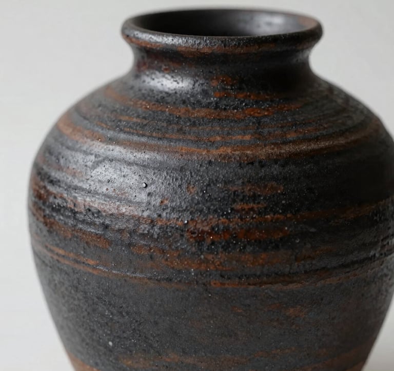 Close-up of ceramic textures featuring dark charcoal (#1A1A1A) and earthy brown (#5B4B3A) glazes. The lighting is dramatic, showcasing the tactile, rustic surface of a handmade vase against a minimalist background.