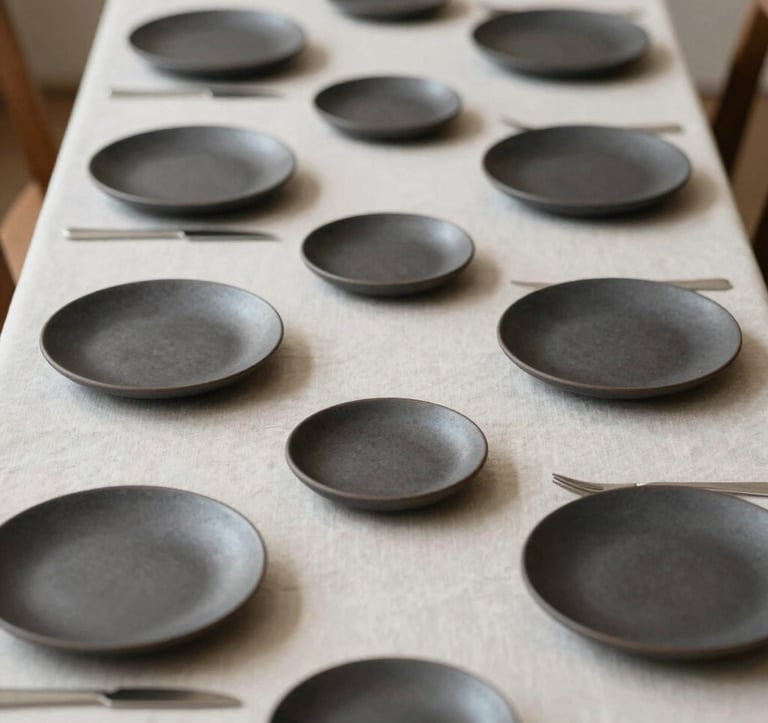 A top-down composition of a minimalist table setting for a tasting menu. A series of small ceramic plates in dark tones (#1A1A1A, #5B4B3A) arranged symmetrically on a light linen cloth, reflecting an elegant gallery aesthetic.