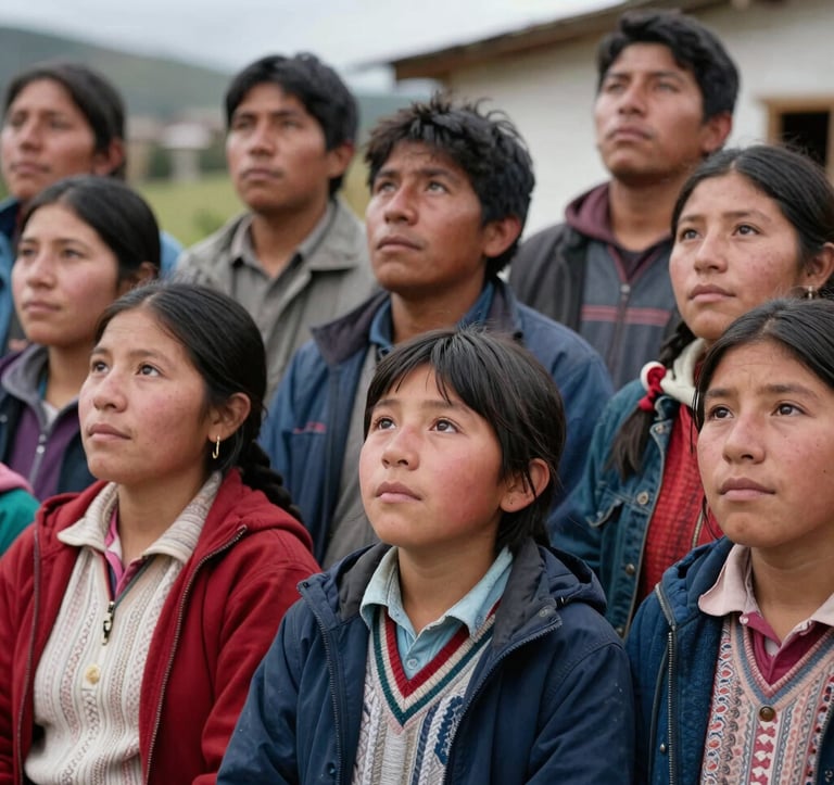 A heartfelt photography scene in a community setting in the South American / Ecuadorian highlands. A group of diverse people looking upward with expressions of hope and unity, symbolizing the human and social impact of the author's work.