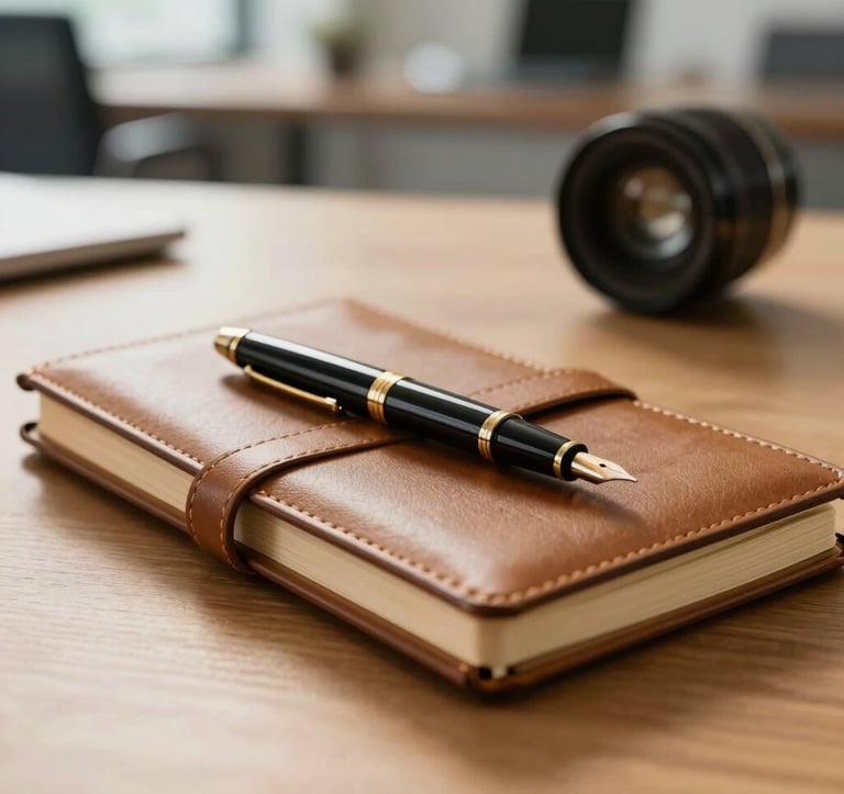 A close-up of a professional desk with a leather-bound notebook and a fountain pen, with a soft-focus background of a corporate office in Ecuador, lit in warm golden tones.