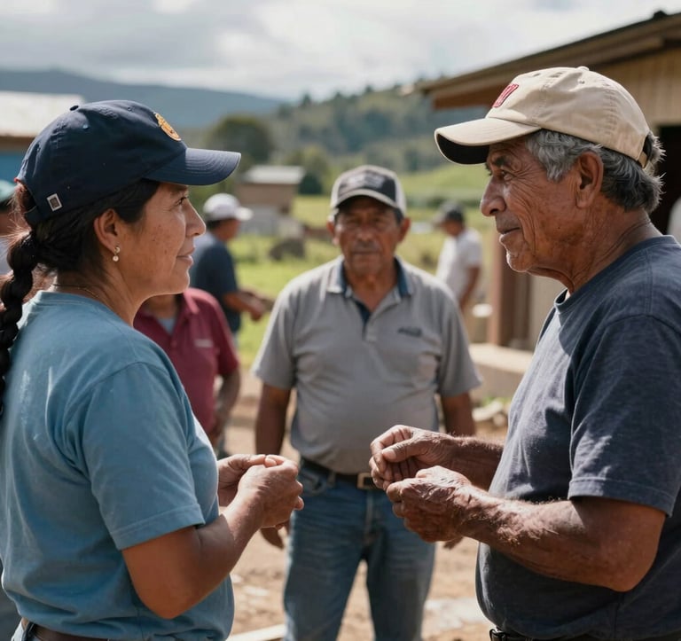 A documentary-style photograph of a community development project in a South American / Ecuadorian setting, showing a dignified interaction with natural sunlight and a focus on social impact.