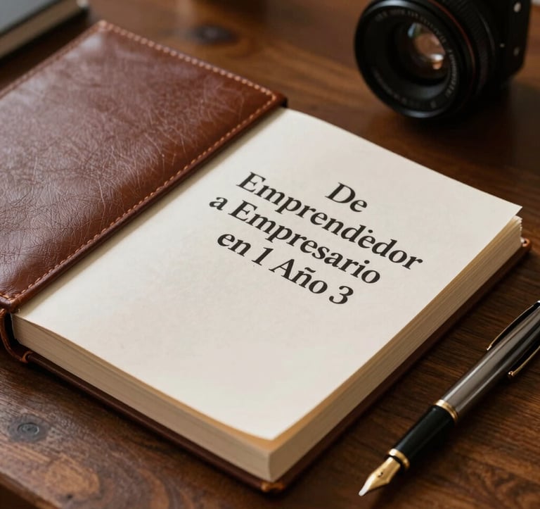 A close-up of a professional desk in Cuenca, Ecuador, featuring a leather-bound book titled 'De Emprendedor a Empresario en 1 Año' and a gold-nibbed pen. The lighting is focused and warm, highlighting textures of paper and wood.