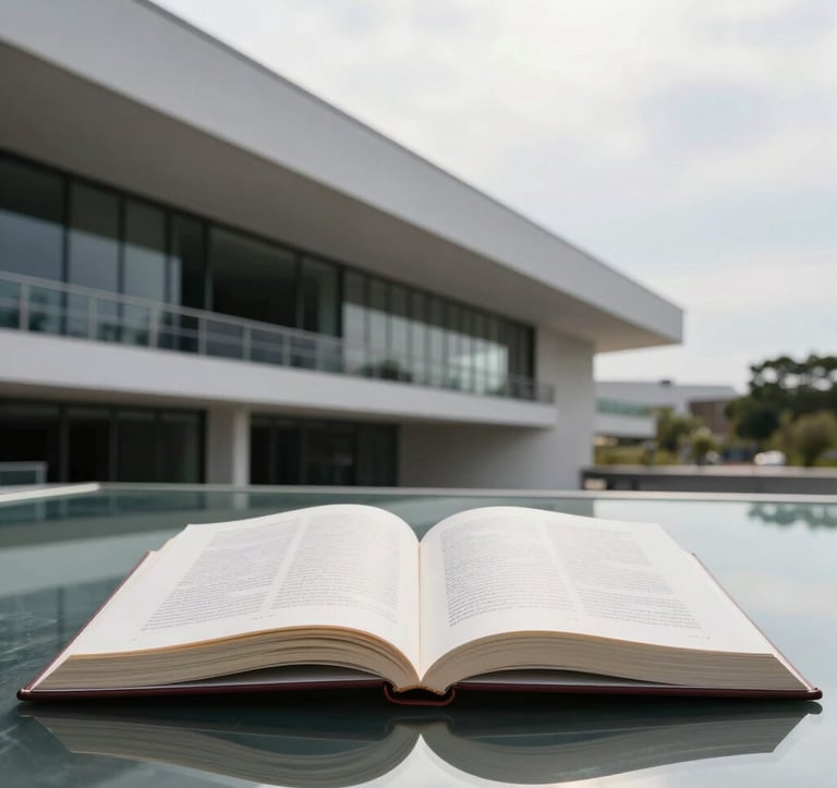 Professional studio portrait of an open book resting on a glass surface, reflecting a modern Ecuadorian architectural structure in the background. Lighting is bright, high-contrast, and Apple-like in its minimalism.