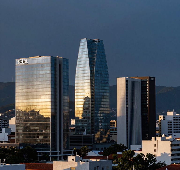 A panoramic, high-resolution view of the skyline of Cuenca, Ecuador during the golden hour. Modern glass buildings reflecting a deep dark blue sky, representing innovation and local growth with a Forbes-style aesthetic.