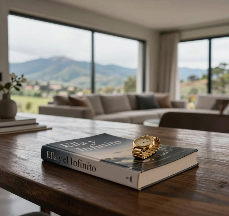 A lifestyle shot of a modern, elegant living space in Cuenca, Ecuador, with large windows showing the Andean landscape. On a dark wooden table lies a copy of the book 'Ella y el Infinito' next to a gold watch.