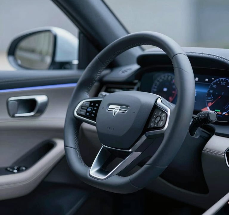 A close-up of a high-end luxury car interior, focusing on the steering wheel with a leather finish and a digital dashboard. Ambient lighting in the cabin uses #4A6F8A tones. The composition is elegant and focused on craftsmanship and technology.