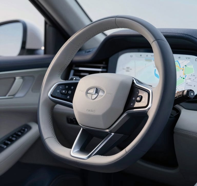 Close-up detail of a premium car's leather steering wheel and digital dashboard showing a Dubai map. The lighting is soft and sophisticated, using the palette colors #4A6F8A and #F5F8FA to highlight the high-quality textures and materials of a modern luxury vehicle interior.