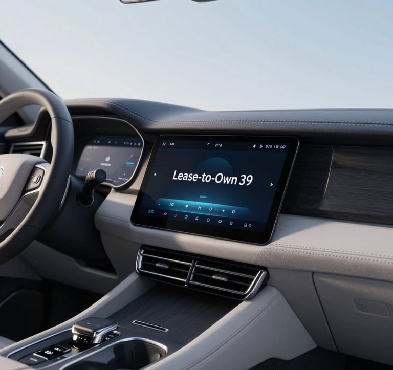 Close-up of a high-end luxury car interior, focusing on the leather stitching and a digital dashboard displaying 'Lease-to-Own' status. Sophisticated lighting highlights the premium materials, incorporating shades of #B8CEDE and #4A6F8A.