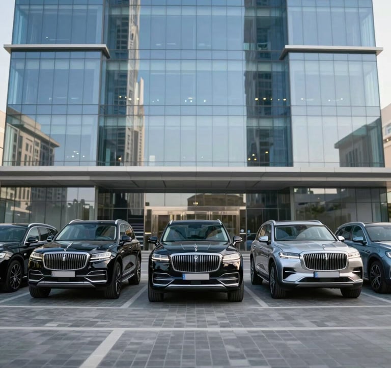 A wide-angle, symmetrical shot of a fleet of black and silver SUVs parked in front of a futuristic glass building in Dubai. The reflection of the #F5F8FA sky on the glass and the metallic surfaces of the cars creates a trustworthy and premium image.