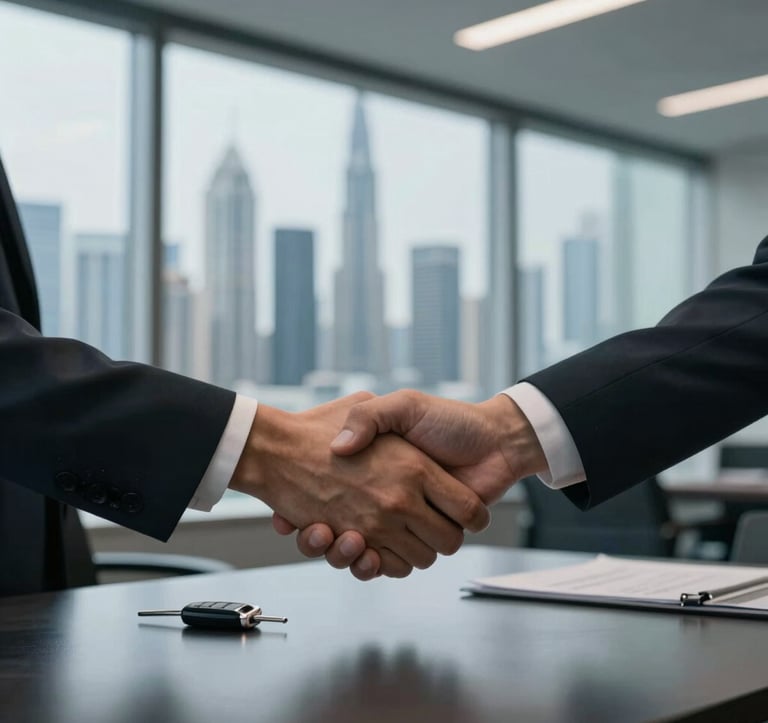 A professional scene showing two hands shaking across a sleek, dark desk in a high-rise office. A luxury car key sits on the desk. Large windows in the background reveal the Dubai skyline, symbolizing trust and a successful deal. Lighting is professional and cool, emphasizing #4A6F8A and #0A1128.