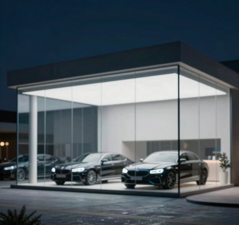 An architectural shot of a modern, minimalist glass car showroom in Dubai at night. Inside, the glowing silhouettes of luxury sedans are visible. The scene uses #0A1128 for the deep shadows and #B8CEDE for the clean, illuminated glass highlights.