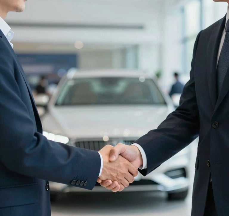 A professional handshake between a consultant in a luxury suit and a client, with a blurred high-end car showroom in the background. The lighting is bright and airy, using the #F5F8FA palette to emphasize trustworthiness and success.