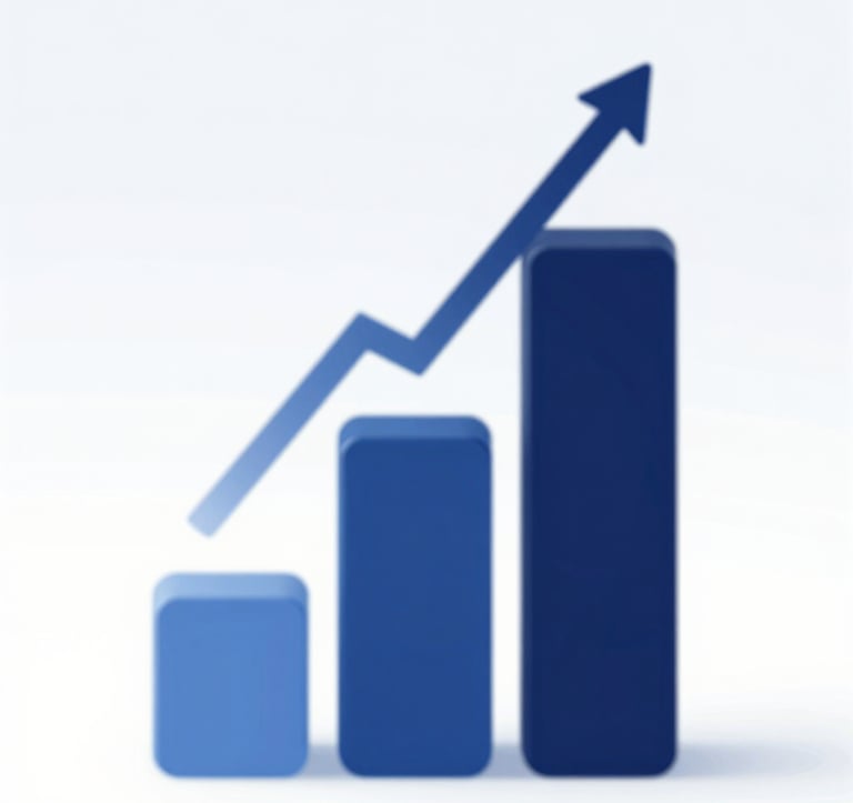 An elegant, abstract composition illustrating growth and success, featuring 3D rising bars against a clean background. The bars are styled in the brand's palette of #0A1128 and #4A6F8A, reflecting a professional and results-driven financial environment.