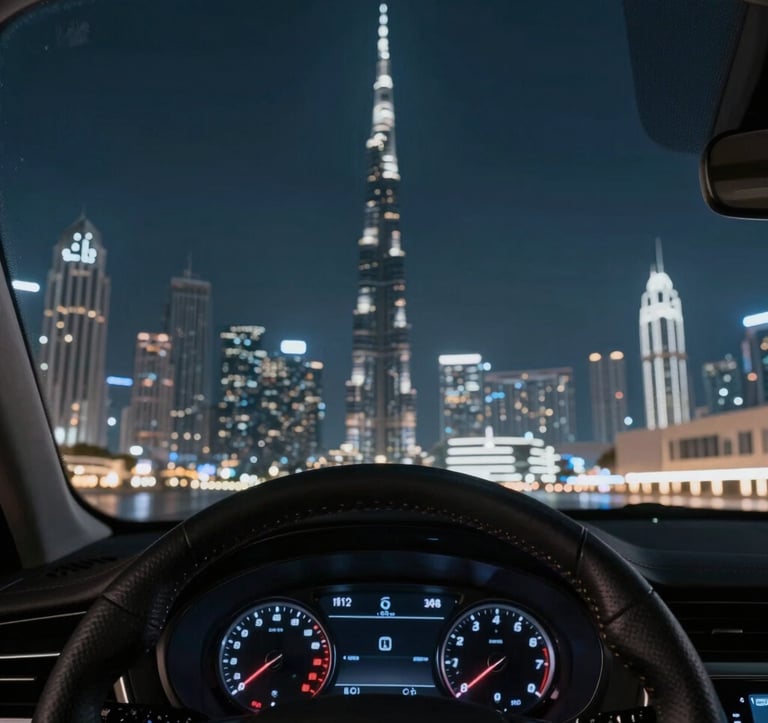An artistic shot of a car's steering wheel with the Dubai skyline at night reflected in the windshield. High contrast, sharp focus, with the deep navy #0A1128 of the night sky and the bright white lights of the city.