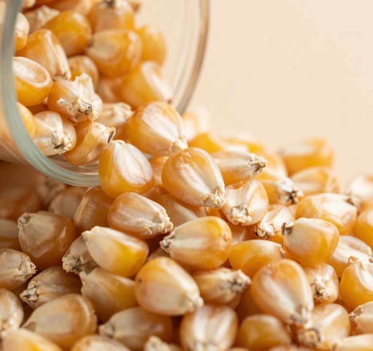 Close-up macro photography of high-quality corn kernels being poured into a storage container, with warm natural light reflecting off the grains. The style is sharp, clean, and highlights the value of the commodity in a professional Brazilian agricultural setting.