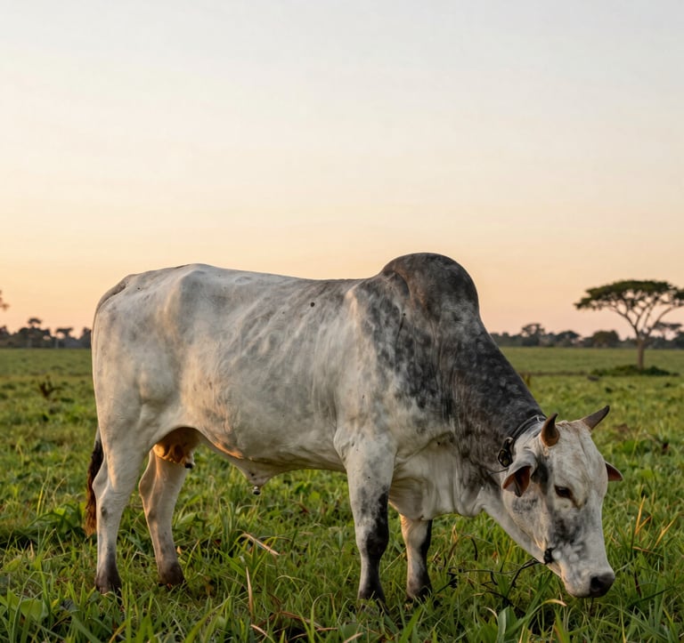 High-end photography of premium beef cattle grazing in a lush green pasture in Brazil. The composition is balanced and elegant, featuring a South American / Brazilian ranch at sunset, emphasizing high standards of animal welfare and quality.
