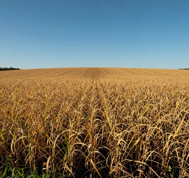 Wide-angle photography of a golden soy field ready for harvest under a clear blue sky in rural Brazil, sunlight highlighting the texture of the crops, high-end agricultural photography style, deep green and golden tones.