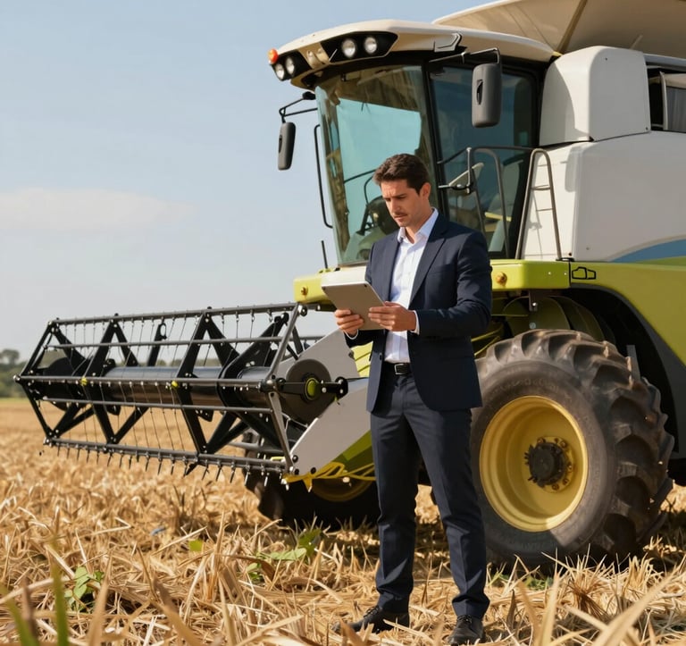 Professional photography of a Brazilian executive in formal attire standing next to a modern combine harvester in a sunlit field, looking at a digital tablet. The scene blends traditional farming with high-tech investment management.
