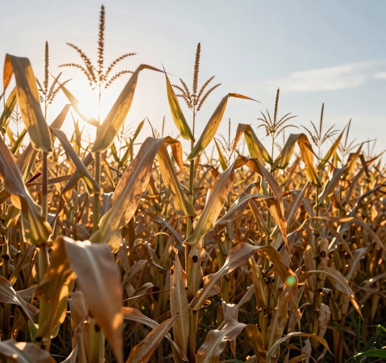 A low-angle shot of tall, golden corn stalks in a perfectly aligned field. The sun peeks through the leaves, creating a lens flare. High-quality photography capturing the essence of productivity and abundance in a South American / Brazilian agricultural setting.